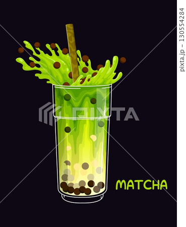 Milk bubble tea drink with cartoon splash of bright boba pearls, vector tapioca beverage cup glass. Matcha flavor milk bubble tea or juice smoothie sweet dessert cup with drinking straw for bar menu Milk bubble tea drink with cartoon splash of bright boba pearls, vector tapioca beverage cup glass. Matcha flavor milk bubble tea or juice smoothie sweet dessert cup with drinking straw for bar menu 130554284