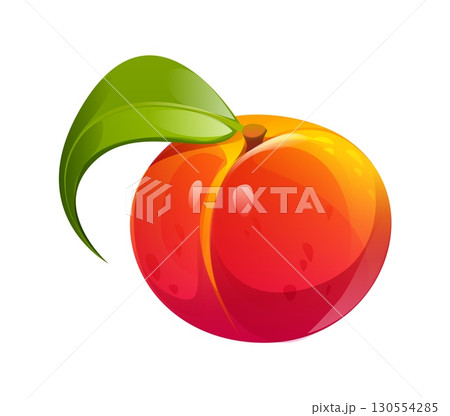 Cartoon raw ripe apricot or peach fruit. Isolated vector juicy, golden orange fresh plant with green leaf. Sweet, refreshing snack or dessert. Delectable summer treat rich in vitamins and antioxidants 130554285