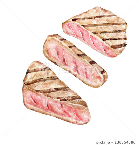 Grilled tuna steak slices watercolor illustration isolated on white background Grilled tuna steak slices watercolor illustration isolated on white background 130554390