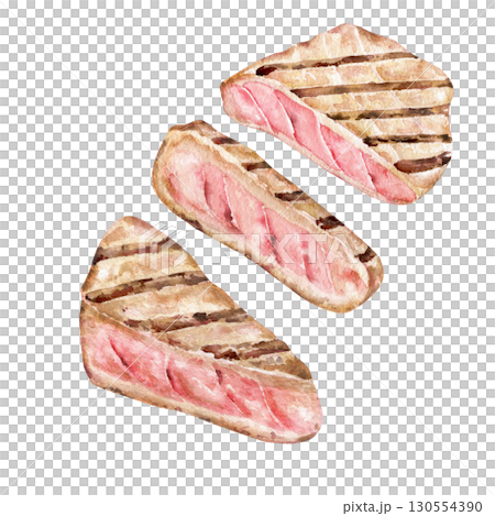 Grilled tuna steak slices watercolor illustration isolated on white background Grilled tuna steak slices watercolor illustration isolated on white background 130554390