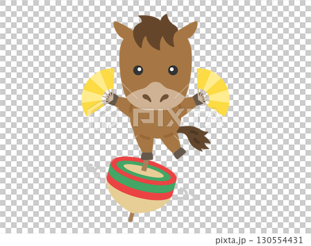 独楽に乗った、馬のキャラクターのイラスト｜午年素材 130554431