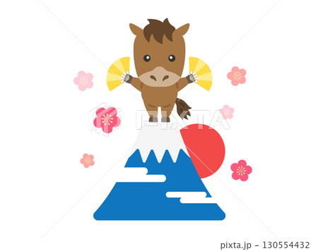 富士山の頂上にいる、馬のキャラクターのイラスト｜午年素材 130554432