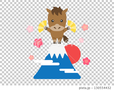 富士山の頂上にいる、馬のキャラクターのイラスト｜午年素材 130554432