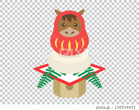 鏡餅にのせた、達磨の衣装を着た、馬のキャラクターのイラスト｜午年素材 130554433