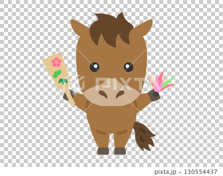 羽子板を持った、馬のキャラクターのイラスト｜午年素材 130554437