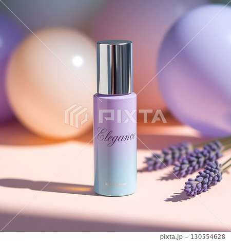 Elegant lavender fragrance bottle with soft pastel colors and lavender. 130554628