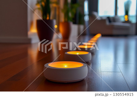 Modern LED candles with warm orange glow arranged in a straight line on dark reflective wooden floor. Ambient light creates cozy home interior scene. 130554915