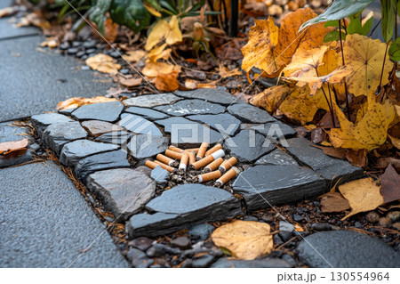 Pile of discarded cigarette butts on dark stone tiles next to wet asphalt pavement and vibrant yellow autumn leaves on the ground outdoors. 130554964