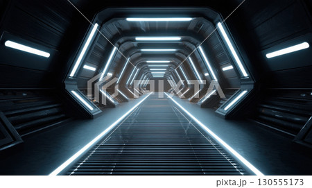 An endless sci-fi walkway with a hexagonal tunnel and bright white neon lights An endless sci-fi walkway with a hexagonal tunnel and bright white neon lights 130555173