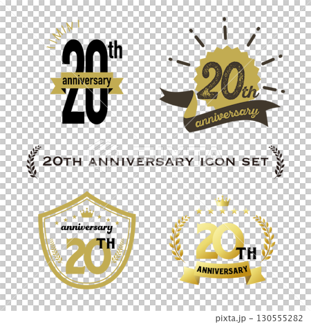 20th anniversary icon set with ribbon and decorative frame. 20th anniversary icon set with ribbon and decorative frame. 130555282