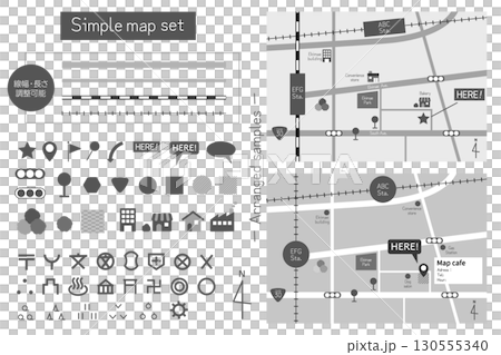 時尚的灰階地圖素材集。道路和鐵路沒有外觀劃分,線寬可以更改。 時尚的灰階地圖素材集。道路和鐵路沒有外觀劃分,線寬可以更改。 130555340