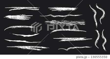 Chalk strokes grunge textured charcoal underlines doodle lines hand drawn chalk brush strokes in white on black background. 130555350