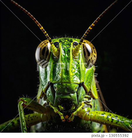 Green grasshopper frontal closeup showing textured head and antennae 130555392