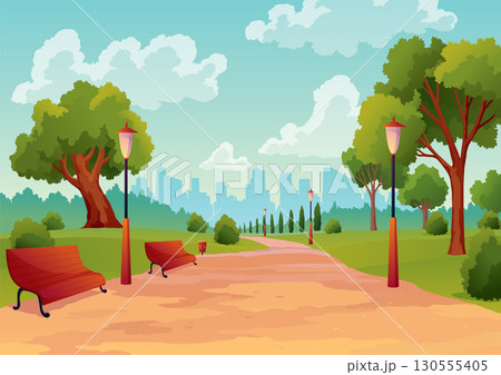 Entrance to city park with green trees and street lamps and skyscrapers on background. Vector urban garden, summer or spring scenery. Flat cartoon style illustration Entrance to city park with green trees and street lamps and skyscrapers on background. Vector urban garden, summer or spring scenery. Flat cartoon style illustration 130555405