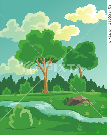Before climate change. Global environmental potentional problems. Hand drawn nature landscape with tree, green grass and river. Global warming concept 130555408