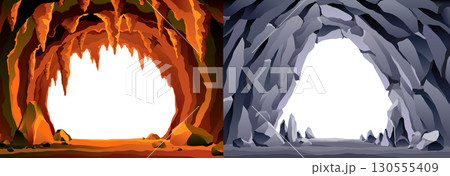 Cave landscape. Stone cave entrance with empty white space inside. Prehistoric dungeon entrance, rock cavern game illustration. Vector image of tunnel in mountain or mine in rocks Cave landscape. Stone cave entrance with empty white space inside. Prehistoric dungeon entrance, rock cavern game illustration. Vector image of tunnel in mountain or mine in rocks 130555409