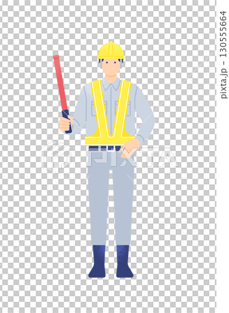 道路工事や建設現場で働く若い警備員 誘導棒で合図する男性のベクターイラスト素材 130555664