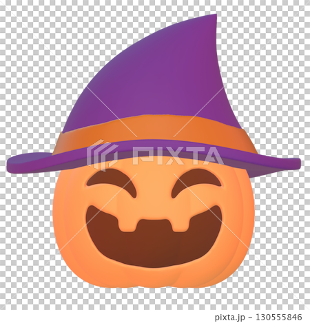 3D illustration of a smiling pumpkin wearing a witch's hat 3D illustration of a smiling pumpkin wearing a witch's hat 130555846