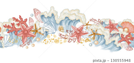 Seamless border with blue sea wave and seashell in watercolor style. Hand drawn line art with starfish and coral in colored pencil sketch. Great for nautical summer card. Perfect for coastal print. Seamless border with blue sea wave and seashell in watercolor style. Hand drawn line art with starfish and coral in colored pencil sketch. Great for nautical summer card. Perfect for coastal print. 130555948