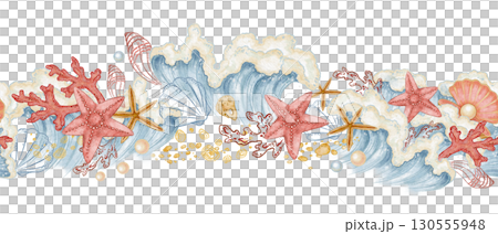 Seamless border with blue sea wave and seashell in watercolor style. Hand drawn line art with starfish and coral in colored pencil sketch. Great for nautical summer card. Perfect for coastal print. Seamless border with blue sea wave and seashell in watercolor style. Hand drawn line art with starfish and coral in colored pencil sketch. Great for nautical summer card. Perfect for coastal print. 130555948