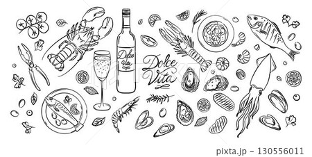 Dolce Vita seafood vector set. Hand-drawn fish, shrimp, squid, oysters, herbs, lemon, and wine. Perfect for Mediterranean menus, cookbooks, and food packaging. Dolce Vita seafood vector set. Hand-drawn fish, shrimp, squid, oysters, herbs, lemon, and wine. Perfect for Mediterranean menus, cookbooks, and food packaging. 130556011