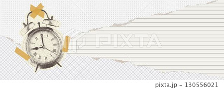 Creative vector collage of an alarm clock in stippling and pointillism technique on a scrapbooking background with torn notebook sheets in line, cell and dot. Deadline and time management concept. 130556021
