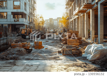 Busy urban construction site featuring incomplete modern buildings, heavy equipment, stacked wood materials, and concrete foundations on a sunny day. 130556132