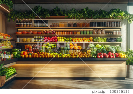 Vibrant fresh fruits and vegetables displayed on wooden shelves in a modern grocery store. Abundant healthy organic produce market aisle. Vibrant fresh fruits and vegetables displayed on wooden shelves in a modern grocery store. Abundant healthy organic produce market aisle. 130556135