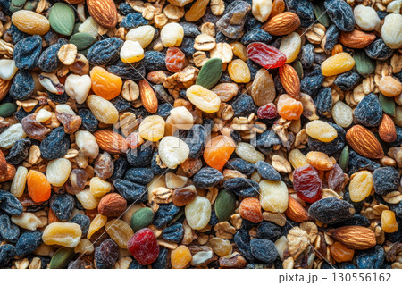 Colorful healthy trail mix background. Delicious mix of dried fruits: raisins, cranberries, apricots. Contains almonds, pumpkin seeds, and oats. Nutritious snack food. Colorful healthy trail mix background. Delicious mix of dried fruits: raisins, cranberries, apricots. Contains almonds, pumpkin seeds, and oats. Nutritious snack food. 130556162