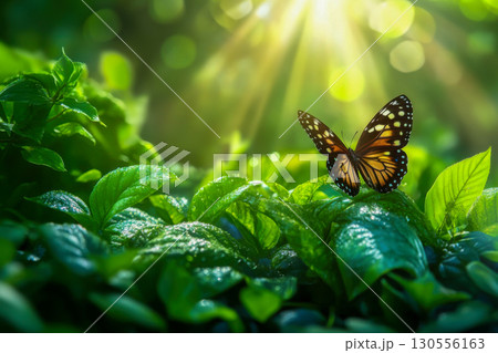 A beautiful butterfly rests gently on dew kissed green leaves. Golden sun rays penetrate the lush forest, creating a serene and vibrant nature background. 130556163