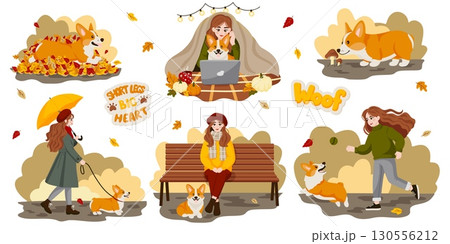 Autumn Corgi Activities Vector Illustration Set 130556212