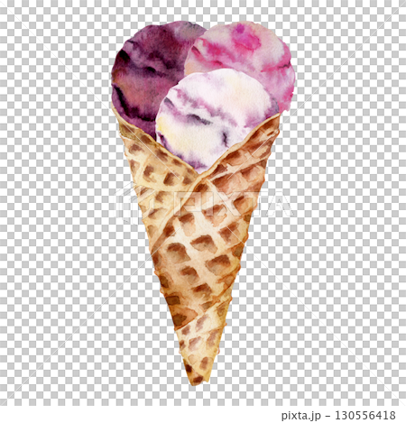 Mixed forest berry ice cream scoops served in crisp waffle cone, gelato sorbet balls. Isolated illustration hand drawn in watercolor. Fruit-flavored dessert decor, frozen yoghurt cafe menu, event tag. 130556418