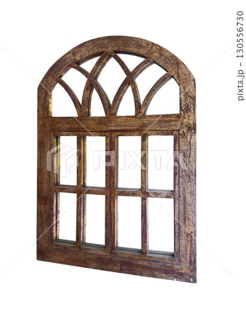 Rustic arched wooden window frame with geometric upper panel design and six rectangular openings, 130556730