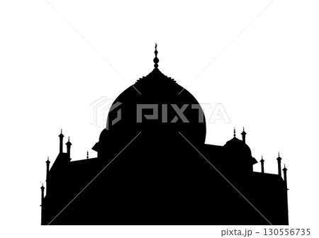 Silhouette of the Taj Mahal s central dome and finial against a stark white background, emphasizing 130556735