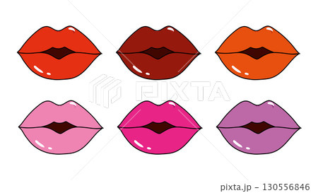Set of colorful female lips in cartoon style, collection of red juicy lips on white background, retro lips with lipstick for design and decoration, Valentine's day, Mother's day Set of colorful female lips in cartoon style, collection of red juicy lips on white background, retro lips with lipstick for design and decoration, Valentine's day, Mother's day 130556846
