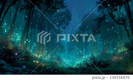 幻想的な光のある夜の森のイメージ 130556870