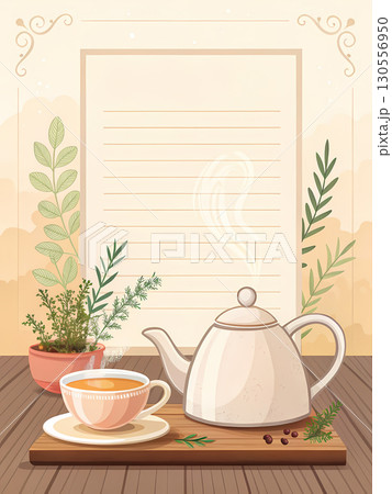 A kettle and cup are placed on a wooden surface alongside fresh herbs, evoking a warm atmosphere 130556950