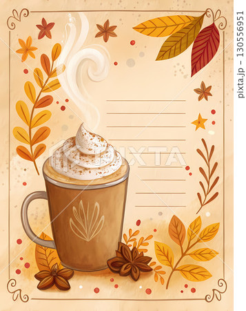 A coffee cup topped with whipped cream sits amidst vibrant autumn foliage and decorative elements 130556951
