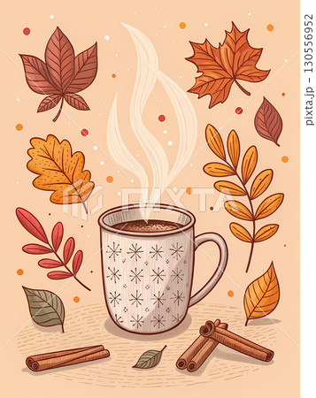 A steaming drink in a decorative cup, nestled among vibrant autumn leaves and cinnamon sticks A steaming drink in a decorative cup, nestled among vibrant autumn leaves and cinnamon sticks 130556952