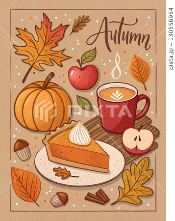 A delightful autumn setup showcases a slice of pumpkin pie, a warm drink, and colorful leaves 130556954