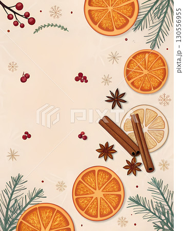 Festive display of dried citrus, cinnamon sticks, and seasonal berries on a light backdrop 130556955