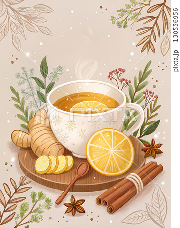Steam rises from a cup of herbal tea surrounded by lemon slices, ginger, and cinnamon sticks 130556956