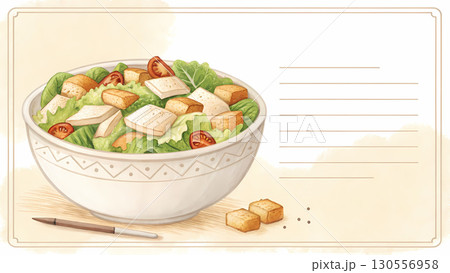 A vibrant salad featuring lettuce, cherry tomatoes, and cubes of tofu, served in a decorative bowl 130556958