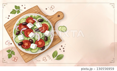 Healthy salad featuring fresh vegetables and feta arranged beautifully on a wooden serving board 130556959