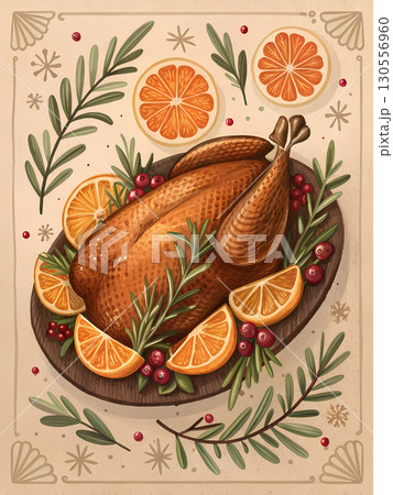 A beautifully cooked turkey garnished with fresh herbs and orange slices sits on a wooden platter 130556960