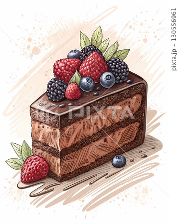 Delicious slice of chocolate cake garnished with strawberries, raspberries, blackberries, and mint 130556961