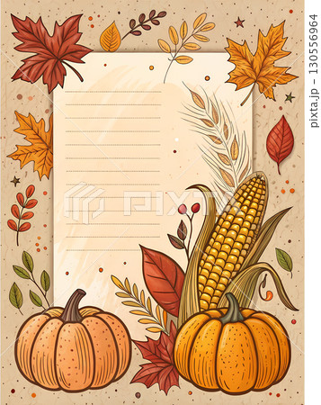 Colorful fall illustration features pumpkins, corn, and autumn leaves by a blank notepad 130556964