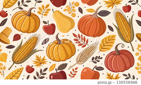 This design showcases a vibrant array of pumpkins, apples, and corn surrounded by autumn leaves 130556986