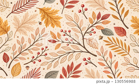Vibrant orange, red, and brown leaves on a beige backdrop capture autumn's beauty 130556988