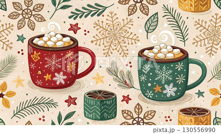 Two colorful mugs filled with marshmallows are placed amid holiday decorations and patterns 130556990